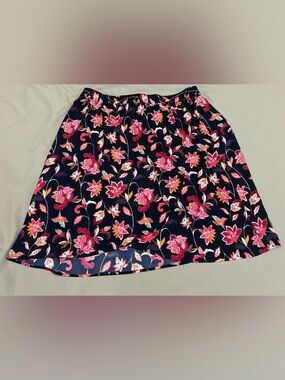 LOFT Floral Faux Wrap Skirt Womens Size Large Navy Blue Pink Elastic Waist